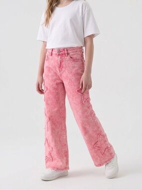 Girls' Pink Star-Appliqué Wide Leg Jeans